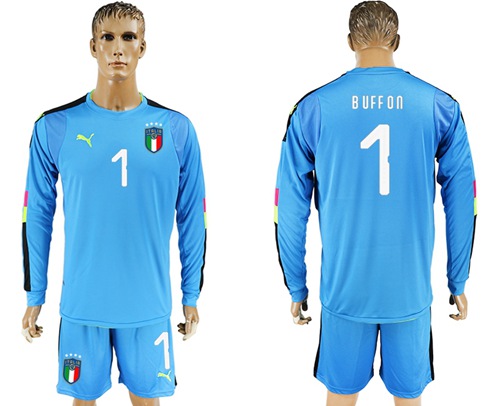 Italy #1 Buffon Blue Long Sleeves Goalkeeper Soccer Country Jersey - Click Image to Close